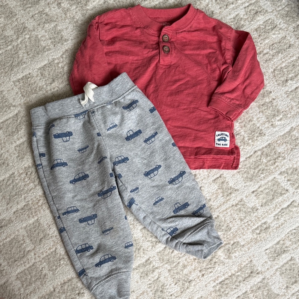 Carter's Red Long Sleeve Top with Gray Car-Print Joggers